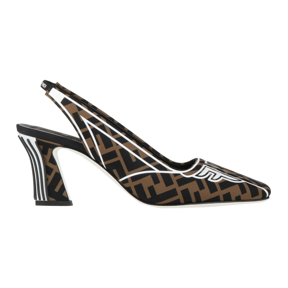 Fendi Freedom Black Brown White FF Logo Square Toe Slingback Heel Pump 39.5